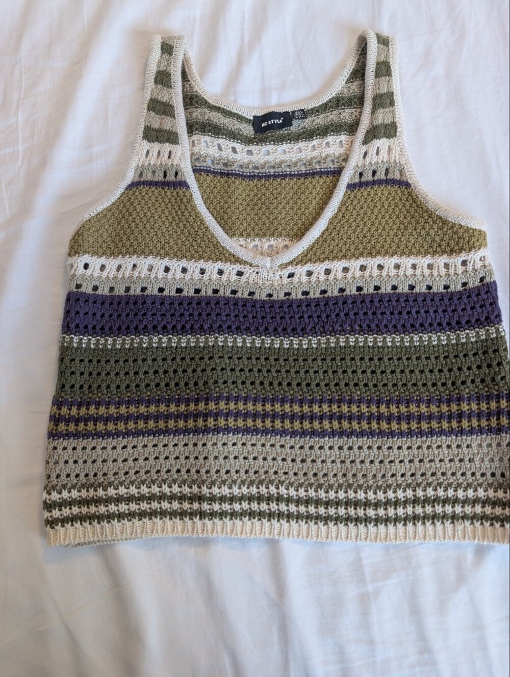 RD Style Crocheted Stripe Tank in Olive, Purple & Cream